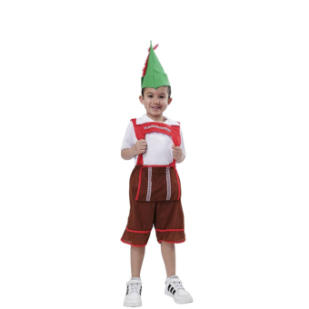 Disfraz tirolés infantil estilo alemán para niño, incluye camiseta blanca de manga corta, pantalones marrones con tirantes rojos y gorro tradicional. Perfecto para Oktoberfest, fiestas temáticas y eventos culturales