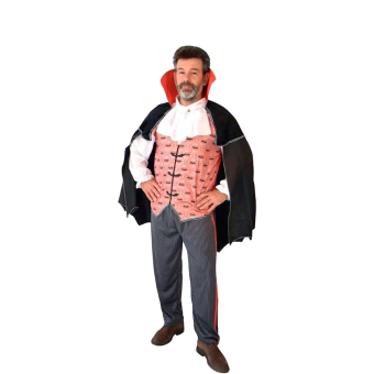 disfraz vampiro elegante hombre, disfraz completo con estampado murciélagos, traje vampiro Halloween, disfraz vampiro con capa y pantalón