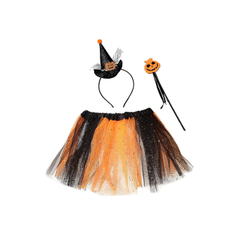 Pack disfraz infantil de brujita con tutú naranja y negro de 30 cm, diadema con sombrero y varita con calabaza.