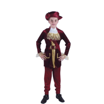 Disfraz de pirata para niño con chaqueta granate de terciopelo con bordados dorados, pantalón cómodo, cinturón, chorrera de cuello y sombrero, ideal para Halloween, Carnaval o fiestas de disfraces.