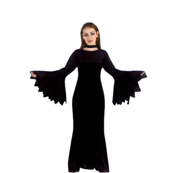 disfraz Morticia Addams mujer, vestido negro largo gótico, disfraz Halloween elegante mujer, vestido con mangas de pico