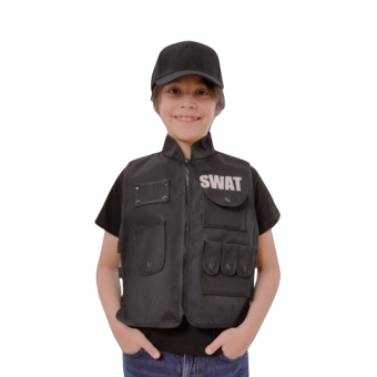 disfraz de SWAT infantil, chaleco táctico y gorra negra, listo para carnaval y fiestas temáticas.