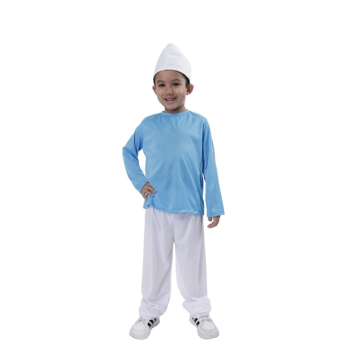 Conjunto de pitufo infantil, compuesto por camiseta azul, pantalón blanco y gorro característico. Diseño cómodo y ligero