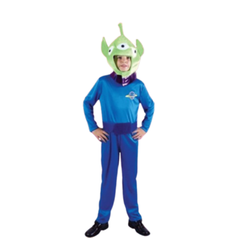Disfraz infantil de marciánito de Toy Story, compuesto por mono azul, cinturón y cabeza de marciáno verde