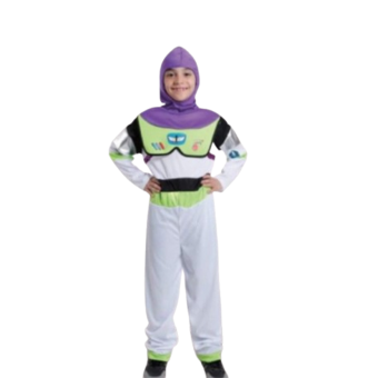 Niño con disfraz de Buzz Lightyear, el traje completo de explorador galáctico.
