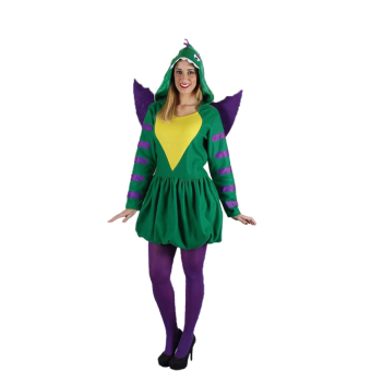 Vestido de dragona verde con alas y capucha, detalles en amarillo en la panza, perfecto para disfraces y cosplay
