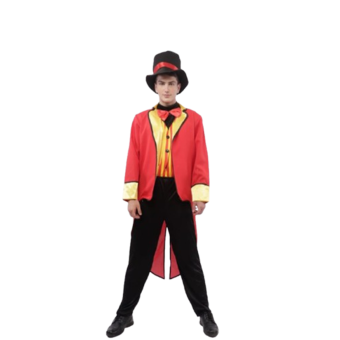 Disfraz Domador Hombre - Pantalón negro combinado con chaqueta roja, chaleco con rayas y gorro negro con cinta roja para completar el look.