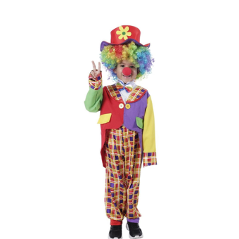 Conjunto de payaso infantil, americana y pantalones multicolores, chorrera blanca, pajarita de colores y sombrero. Sin peluca ni nariz.