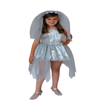 niña disfraz novia fantasma con vestido blanco de tul y velo, disfraz Halloween niña novia espectral, disfraz fantasma niña velo blanco