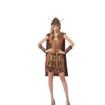 Un vestido marrón con un cinturón dorado que se extiende en picos, añadiendo un toque guerrero y sofisticado a tu look.