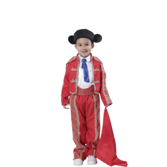 Disfraz de torero infantil con chaqueta bordada en oro, pantalón a juego, montera, camisa con corbata azul, fajín bordado y capote, ideal para fiestas temáticas y eventos.