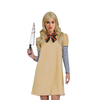 disfraz estilo MEGAN con cuchillo, disfraz de Halloween para mujer con vestido beige