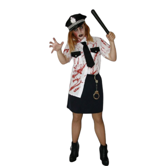 disfraz policía zombie mujer, disfraz mujer Halloween con sangre, uniforme policía ensangrentado mujer, disfraz zombie con falda