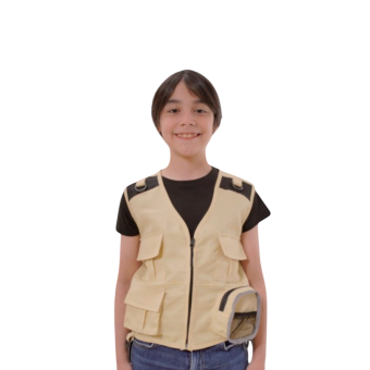 chaleco de explorador infantil caqui, con bolsillos múltiples y look aventurero, ideal para juegos al aire libre.