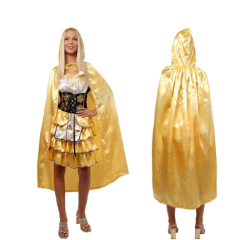 disfraz de Caperucita inspirado en cuento clásico, con vestido de varias capas y capa con capucha satinada