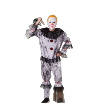 disfraz de payaso siniestro, mono gris con pompones rojos y volantes. Inspirado en IT. Ideal para eventos de terror y cosplay adulto.