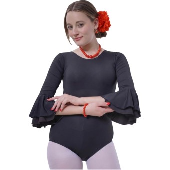 Body flamenco mujer negro maillot danza manga larga con volante, leotardo gimnasia ballet sevillanas, escote redondo, ribete rojo