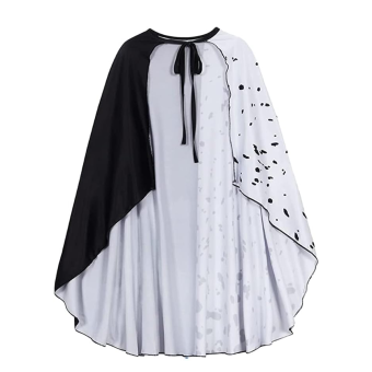Capa Cruella de Vil mujer, blanca y negra con estampado dálmata para disfraz