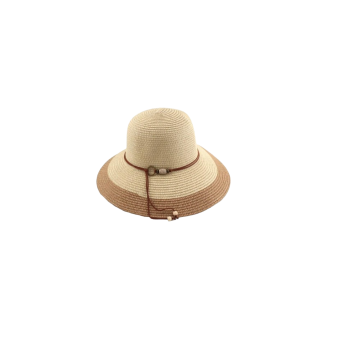 Sombrero de mujer estilo bicolor con cuentas decorativas y ala ancha, ideal para verano.