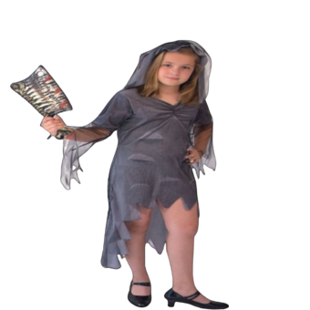 niña disfrazada de novia cadáver con vestido gris satinado y tul rasgado, velo gris fantasmal, disfraz Halloween infantil