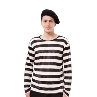 Disfraz de adulto de francés con camiseta a rayas y boina negra, ideal para carnaval, fiestas temáticas y teatro.