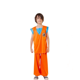 Disfraz de Goku infantil, camiseta naranja y azul con letras y pantalón naranja bombacho.