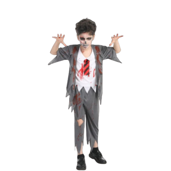 disfraz estudiante zombi, chaqueta escolar rasgada con manchas, corbata y disfraz zombie escolar niño