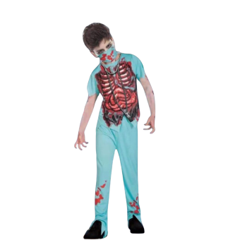 disfraz doctor zombie con bata sangrienta, pantalón y mascarilla de sangre, disfraz Halloween médico zombie infantil