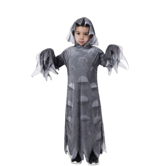 disfraz cadáver niño, túnica con capucha y mangas en picos, bajo rasgado tipo gasa para Halloween