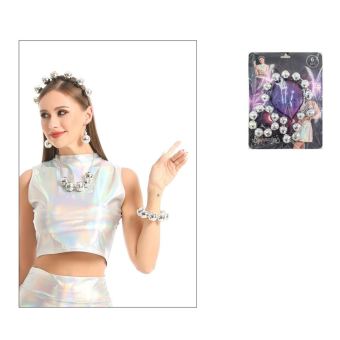 Pack de accesorios disco plateados para mujer, incluye diadema, collar, pulsera y pendientes con bolas tipo disco, ideal para estilo retro futurista y años 80