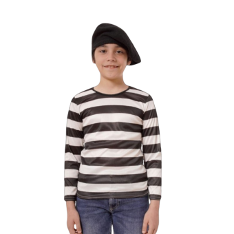 disfraz de francés: camiseta a rayas y boina negra, estilo parisino para carnaval y teatro.