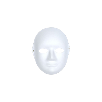 Máscara blanca de cartón para colorear, ideal para manualidades, disfraces y actividades escolares.