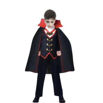 disfraz vampiro elegante con chaleco gótico, pantalón y capa, botones dorados y pajarita murciélago