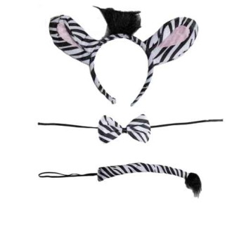 Conjunto de Disfraz para Carnaval Halloween y Fiesta Cosplay de Animales, Diadema de Orejas Pajaritas y Cola con Estampado de Animales para Chicas y Mujeres, 3pcs (Cebra pelo)