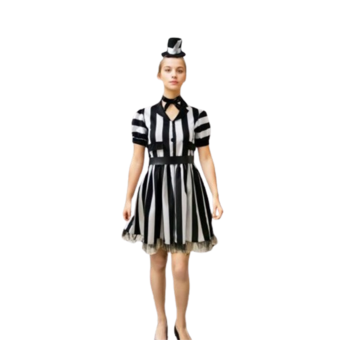 Disfraz de Bitelchus Mujer con rayas negras y blancas, incluye cinturón, lazo y tocado, perfecto para Halloween o fiestas temáticas.