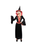 disfraz bruja mujer vestido largo negro, disfraz bruja con corset rojo falso, disfraz bruja cuello alto sombrero, disfraz Halloween elegante mujer