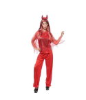 Disfraz de diablesa rojo, compuesto por camiseta con lentejuelas en la parte delantera, mangas de encaje y tul, pantalón ajustado y diadema roja con cuernos