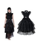 disfraz gótico mujer Wednesday, vestido largo Merlina negro, disfraz estilo Wednesday Addams