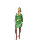 Disfraz de duende para mujer, con falda corta brillante, corset ajustable y sombrero puntiagudo, ideal para fiestas temáticas y eventos como Halloween.