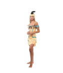 disfraz de India Americana, vestido marrón con flecos, detalles mostaza y banda con plumas de colores, ideal para fiestas temáticas y carnaval.