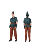 Disfraz completo de Robin Hood para hombre, con gorro verde, camiseta de manga corta, cinturón sintético con hebilla dorada, manguitos medievales y pantalones ajustados. Ideal para eventos temáticos y disfraces de Halloween