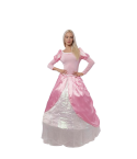 Disfraz de princesa Bella Durmiente en tonos rosa y blanco, con manga larga, hombreras y diseño de una sola pieza, ideal para eventos y fiestas temáticas