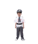 Disfraz infantil de policía zombie con detalles sangrientos en camiseta y pantalones, acompañado de gorra, cinturón y corbata.