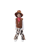 Disfraz de vaquero infantil con sombrero, pañuelo rojo estampado, chaleco marrón con flecos y chaps con estampado de vaquitas, ideal para fiestas temáticas y juegos de rol.