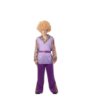Disfraz hippie hombre lila años 70 con camisa estampada y pantalón acampanado