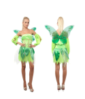 disfraz de hada estilo Campanilla con vestido verde, mangas sueltas y alas decoradas.
D