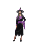 disfraz bruja negro y lila mujer, disfraz bruja con cinturón cuerdas, disfraz Halloween mujer con sombrero pico, disfraz con picos en mangas y vestido