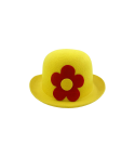 Bombín de payaso amarillo con flor decorativa, talla única para adulto, ideal para disfraces y fiestas temáticas.