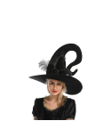 Sombrero negro de bruja con ala ancha y copa puntiaguda, talla única para adulto, ideal para disfraces de Halloween.