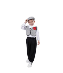 Disfraz de chulapo para niño compuesto por camisa blanca, pantalón negro, chaleco a cuadros  y pañuelo blanco, ideal para celebraciones tradicionales.